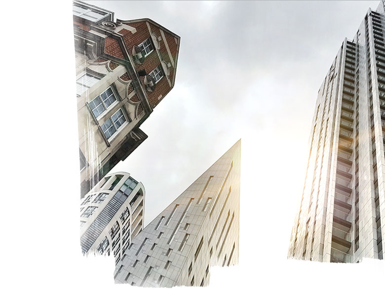 Contrast between old building and new glass and steel office towers in Old Street in London, England