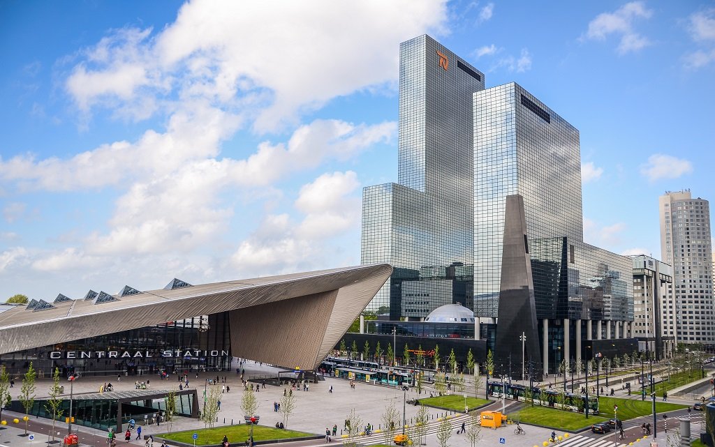 ROTTERDAM, NETHERLANDS - May 9, 2014: Downtown Rotterdam, Netherland's second largest city with the upgraded and modern Central Station, taken on May 9, 2014 in Rotterdam, Netherlands.