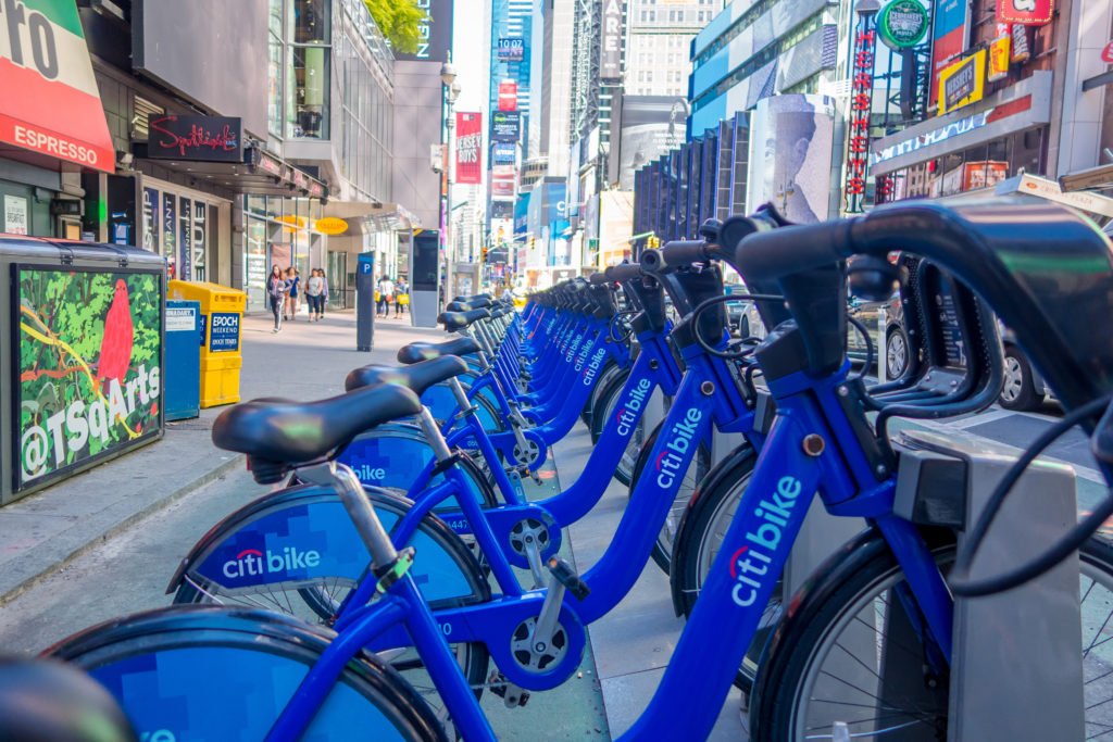NEW YORK, USA - NOVEMBER 22, 2016: Bike rental on Times Square parked in a row in the street in New York city USA; Shutterstock ID 760536160