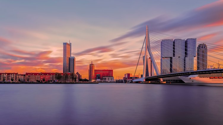 Long exposure of Rotterdam skylines during sunset. 
South Holland, Netherlands. 2017.