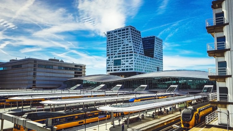 General view of modern city architecture of central station. Utrecht - Holland. 